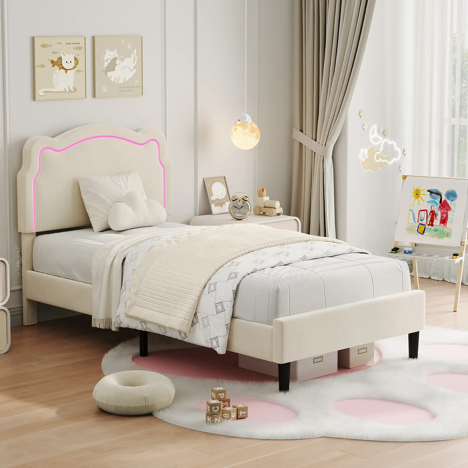 Upholstered Smart LED Bed Frame with Headboard and LED, Velvet Princess Platform Bed Frame, Wooden Slats Support, No Box Spring Needed