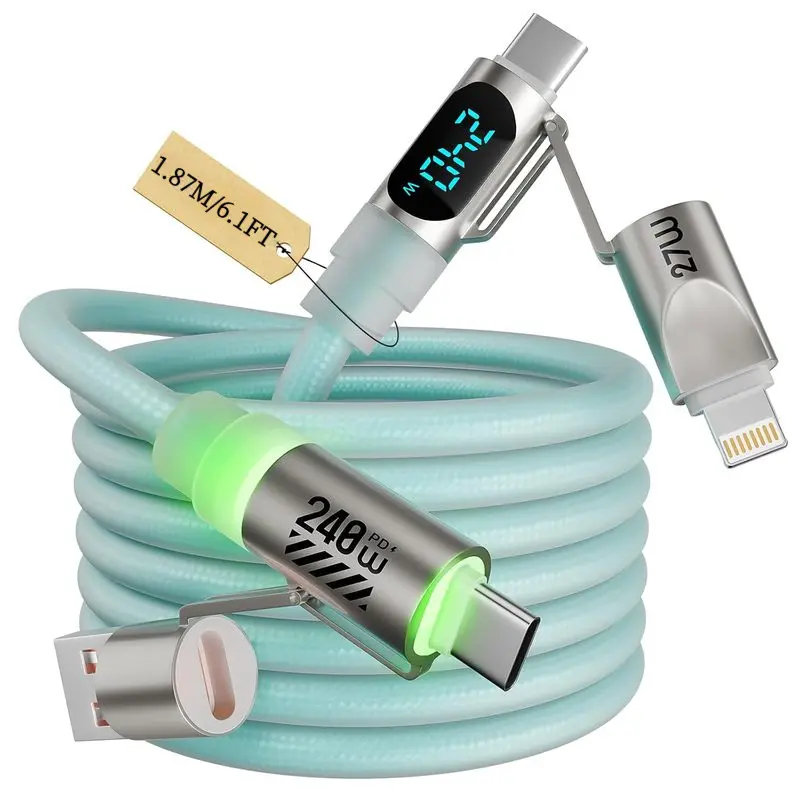 240W 4-in-1 Fast Charging Cable 6.1FT/1.87M, USB-C PD 3.1 Charger Cable with LED Power Display & E-Marker Chip, Braided Multi Charging Cord, Lightning & USB-A, Fast Charge Cable for iPhone, iPad, MacBook, 1-Pack / 2-Pack