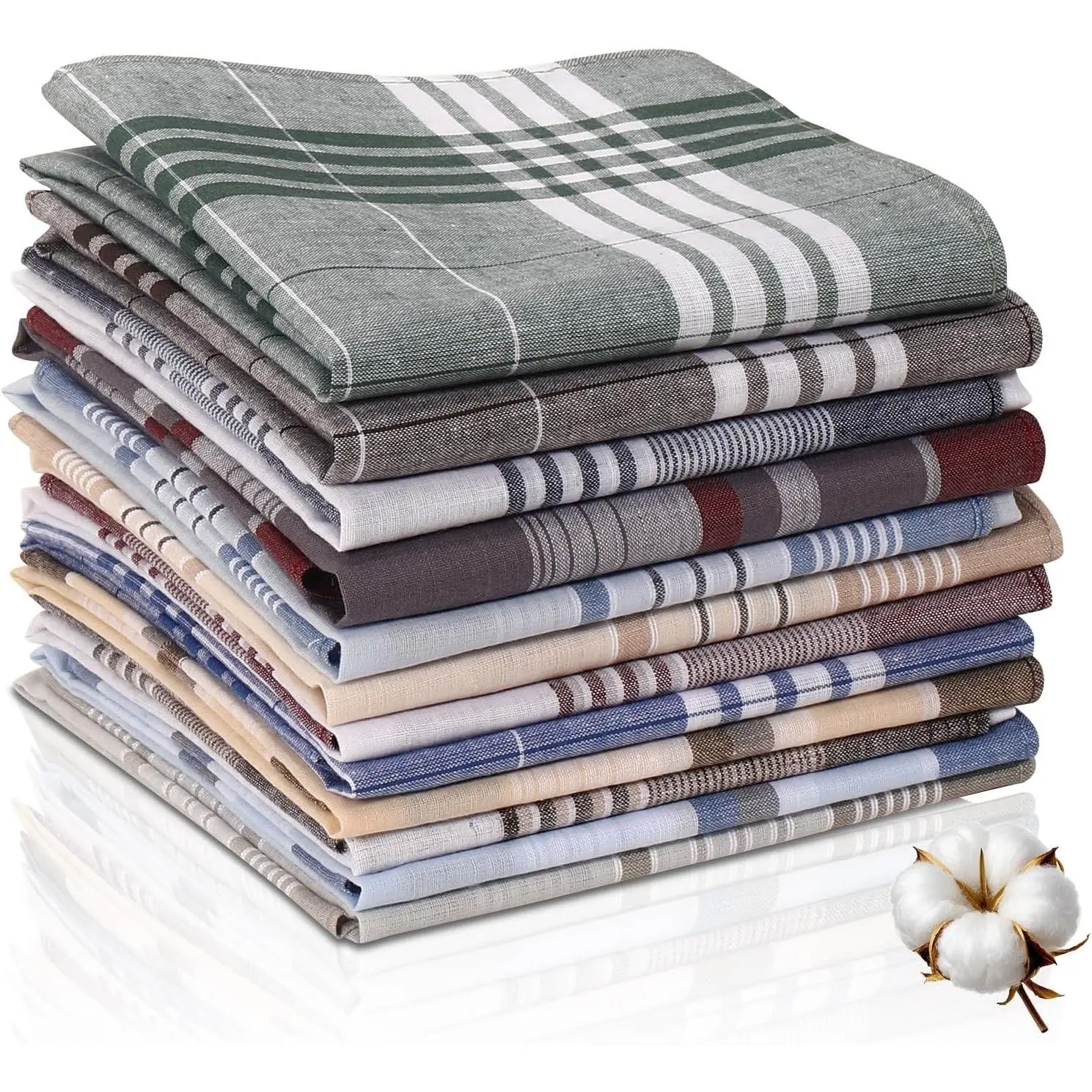 12 Pack Men's 100% Cotton Handkerchiefs - 16 Inch Large Pocket Squares with Check Pattern(Gift)