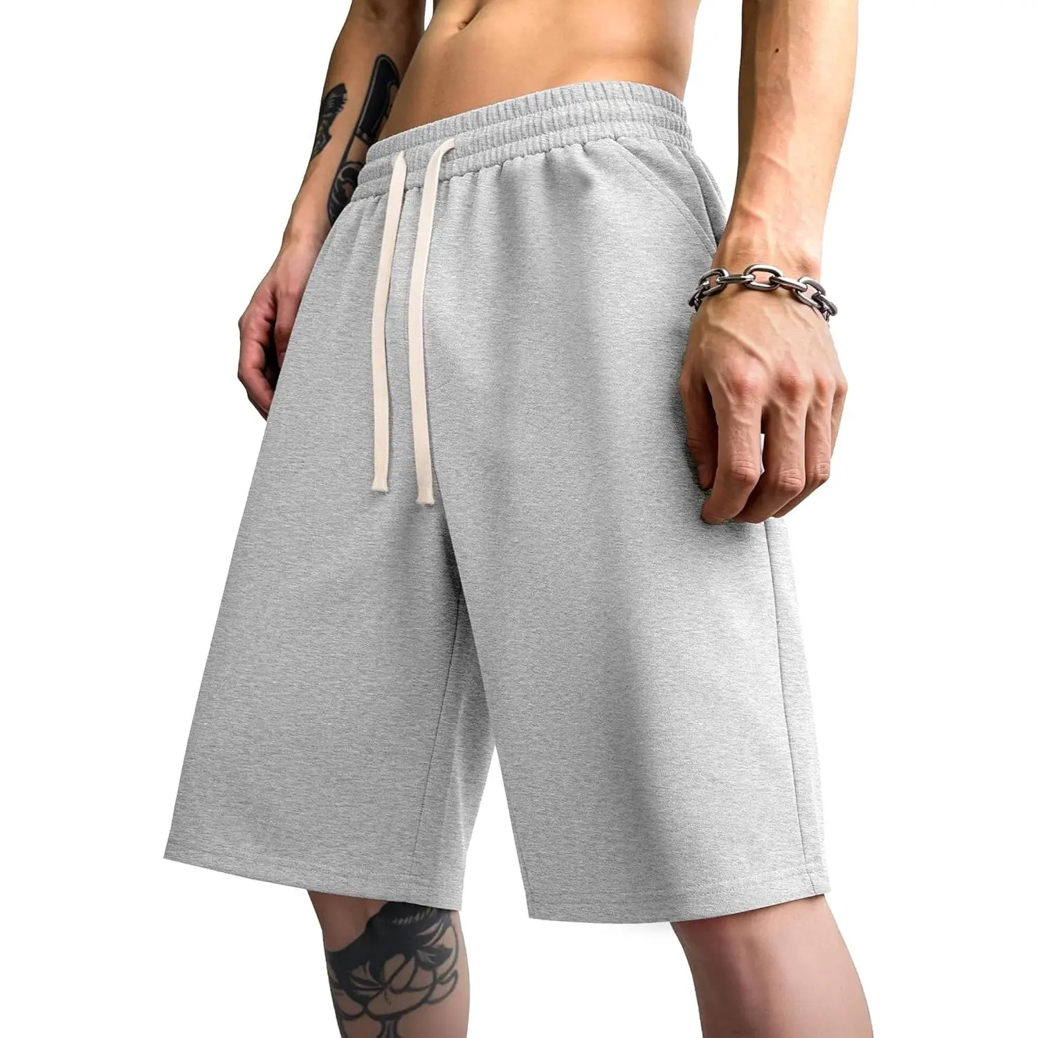 PLEPAN Men's Baggy Sweat Shorts Cotton Under Knee Length Loose Shorts Y2K Style Raw Hem Basketball Jorts