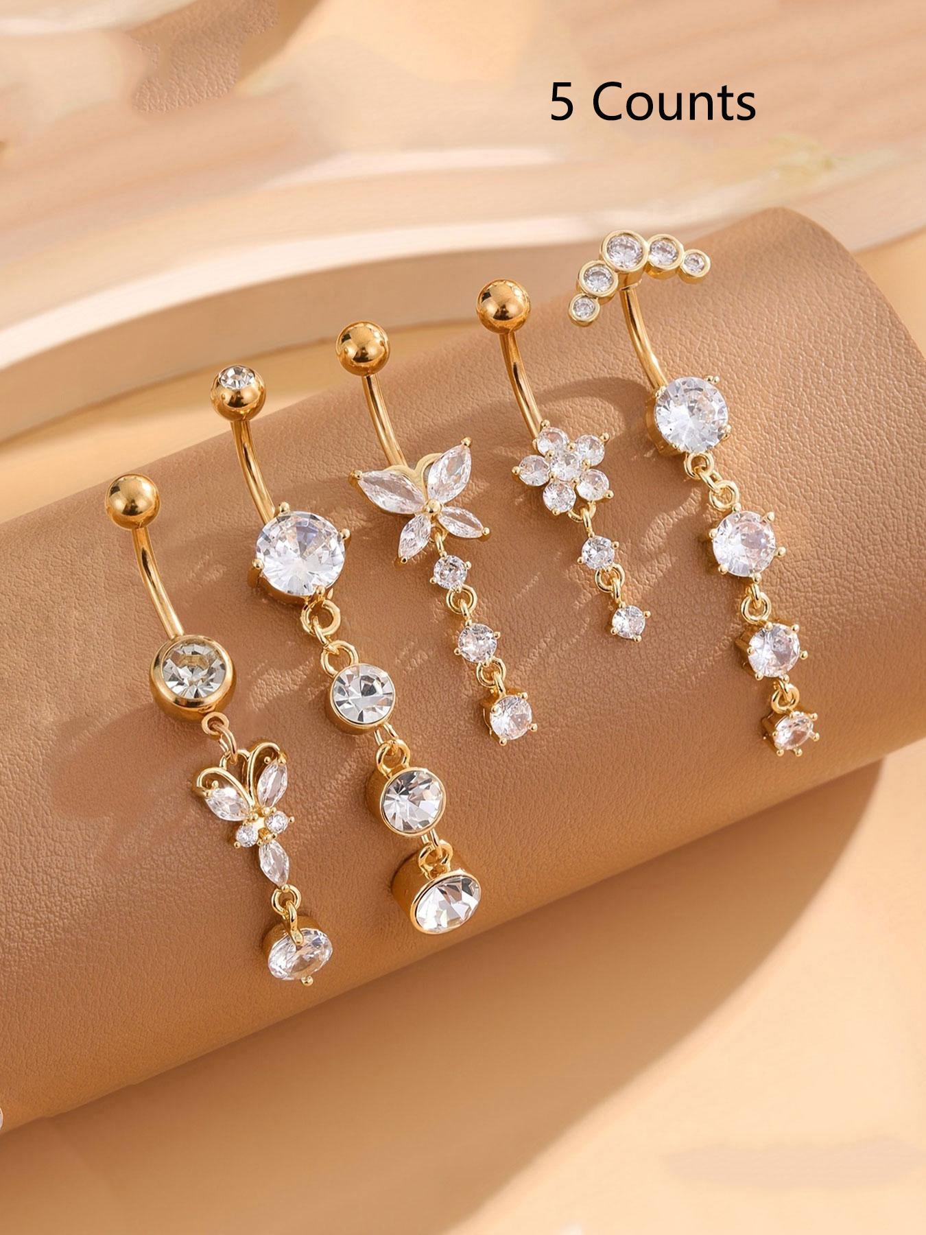 Women's Elegant Butterfly & Flower Design Belly Rings, Stainless Steel Belly Button Rings, Cute Trendy Belly Piercing Jewelry, Fashion Body Jewelry for Party & Daily Decor