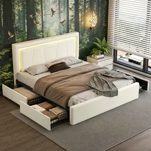 Upholstered Bed with 4 Storage Drawers, RGB LED & Adjustable Headboard