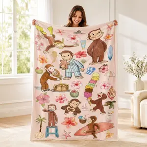 1PC Curious George Monkey Summer Cartoon Print Flannel Blanket, Soft Skin-Friendly Anti-Pilling Machine Washable Lightweight Throw Blanket, All Seasons For Adults Home Sofa Office Nap RV Camping Gift Decor Blanket