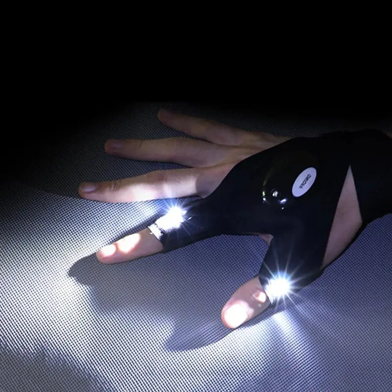 100% Brand New Fingerless Gloves with LED Flashlight - Waterproof Torch, 19g, 2*CR2016 Batteries - Left Hand/Right Hand Outdoor Multi-Light Tool for Camping, Hiking, Convenient For Outdoor Activities, Adults, Cotton, Fishing, Forefinger About 4.5Cm, Dista