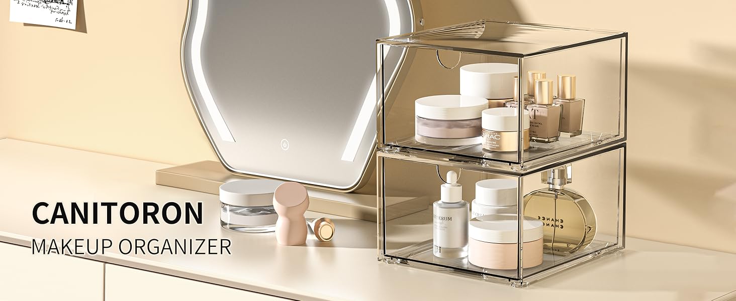 Stackable Drawer Storage,4Pack Clear Drawer Bins for Vanity,Bedroom and Bathroom Storage,Kitchen Cabinet Organized,Makeup Organizer for store cosmetics and skincares. Boxes