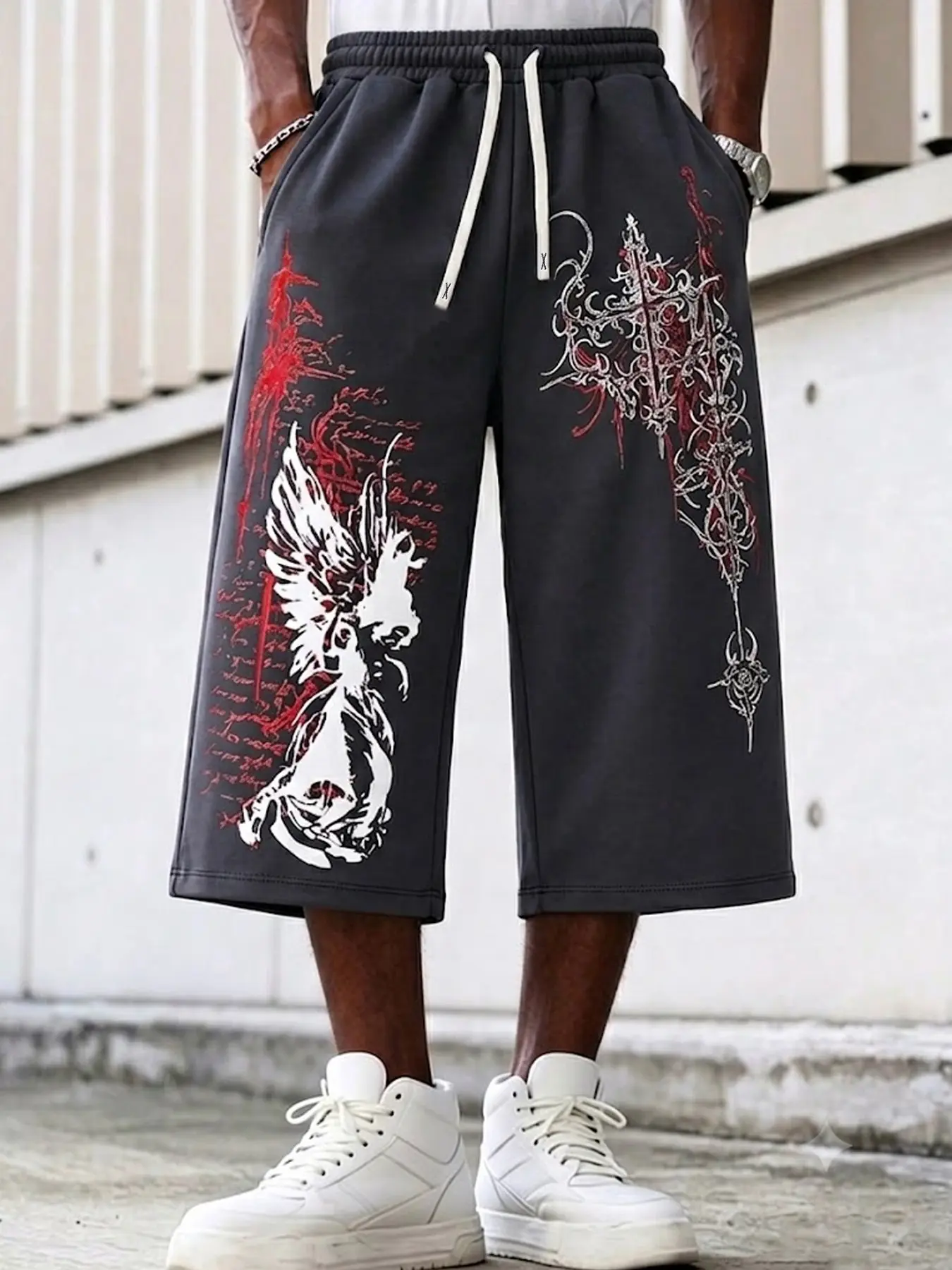 Y2K Gothic Subculture Seven-Quarter Pants, Unisex Loose-Fit Geometric Print, Breathable Elastic Waist, Skateboard Hip-Hop Style
