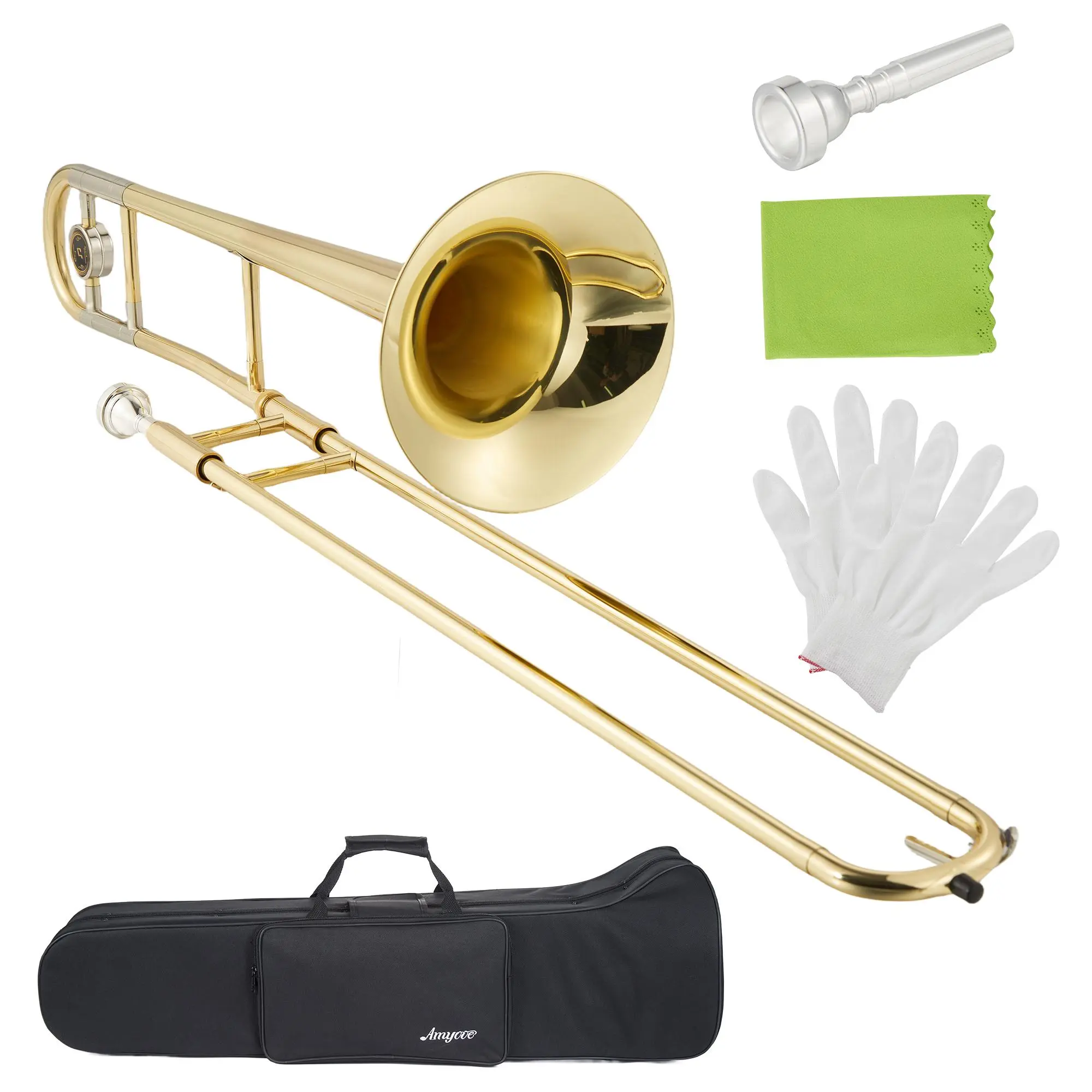 Tenor Trombone for Students & Beginners, Brass Instrument with Smooth Slide & 7C Mouthpiece, School Band Trombone Starter Kit with Hard Case, Gloves & Cleaning Kit, High Gloss Gold Lacquer Trombone for Professional Players