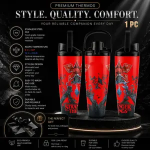 1pc 30.5oz Stranger Things Demogorgon Red Background SUS304 Stainless Steel Tumbler, Dual Sip & Straw Flip Lid with Foldable Carry Handle, Double Wall Vacuum Insulated Thermal Water Bottle, Odor Resistant & Preserves Drink Original Taste, Leakproof