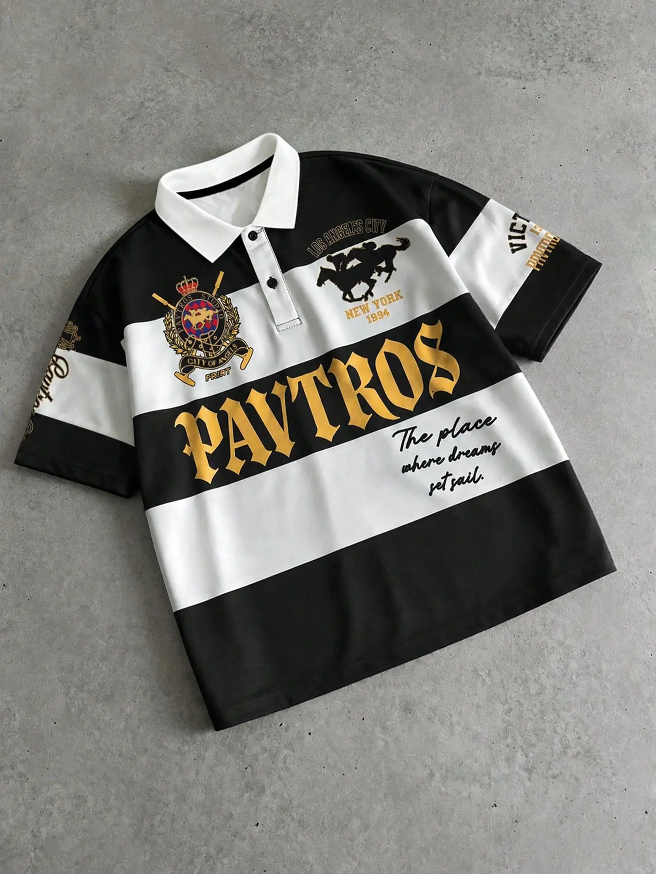 Retro, Vintage striped LA 1994 pattern polo shirt, Graphic print polo, Y2K streetwear oversized short sleeved collar top, hip-hop casual summer men's and women's clothing, retro rugby shirt, TikTok must-have