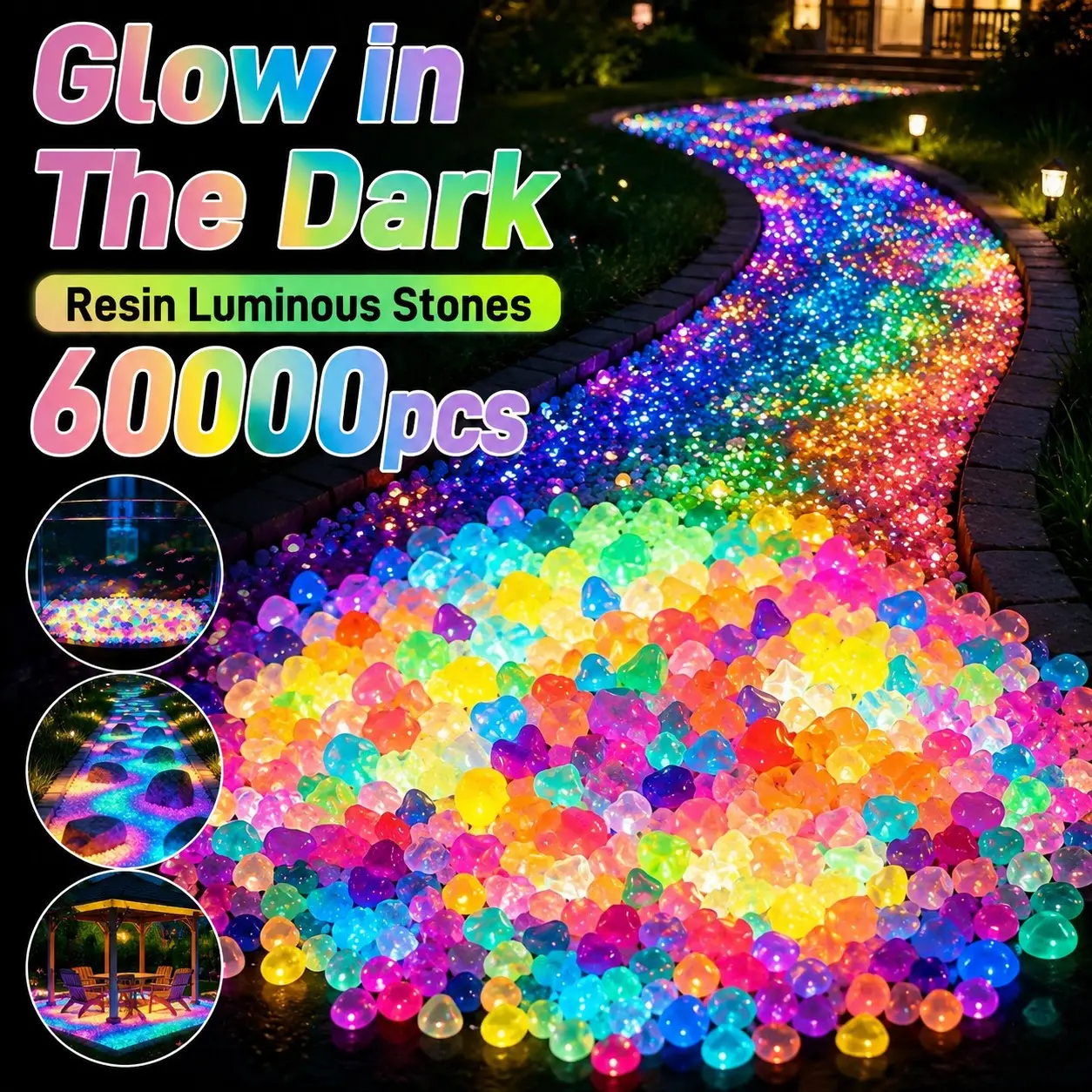 60000 Glow-In-The-Dark Resin Stones, Aquarium Decorative Rocks, Garden Pathway Stones, Outdoor Landscape Lighting Decoration, Garden Accessories, Outdoor Garden Accessory
