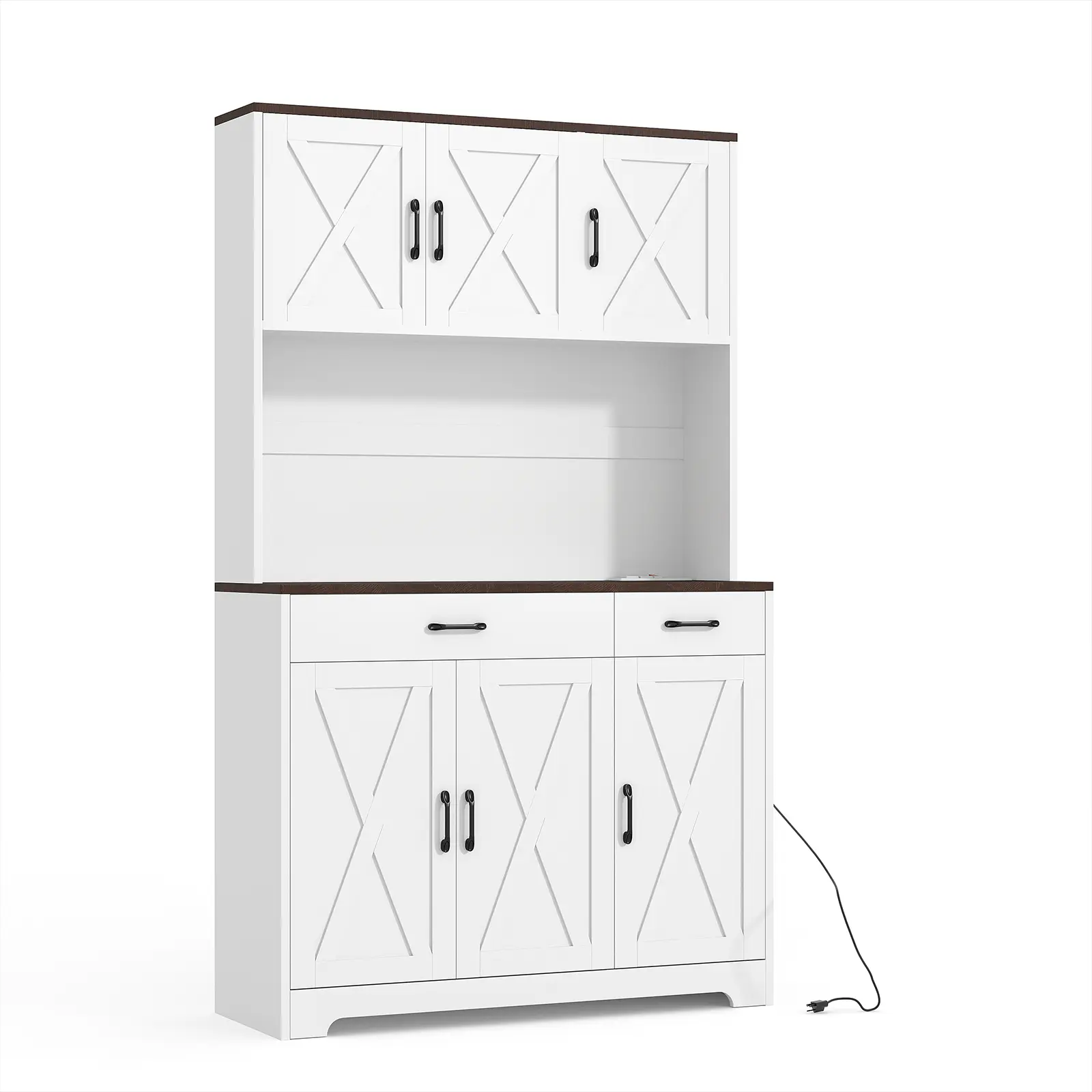 71" White Farmhouse Kitchen Pantry Cabinet with Charging Station & Microwave Stand - Tall Freestanding Storage Hutch with Drawers for Dining Room, Living Room