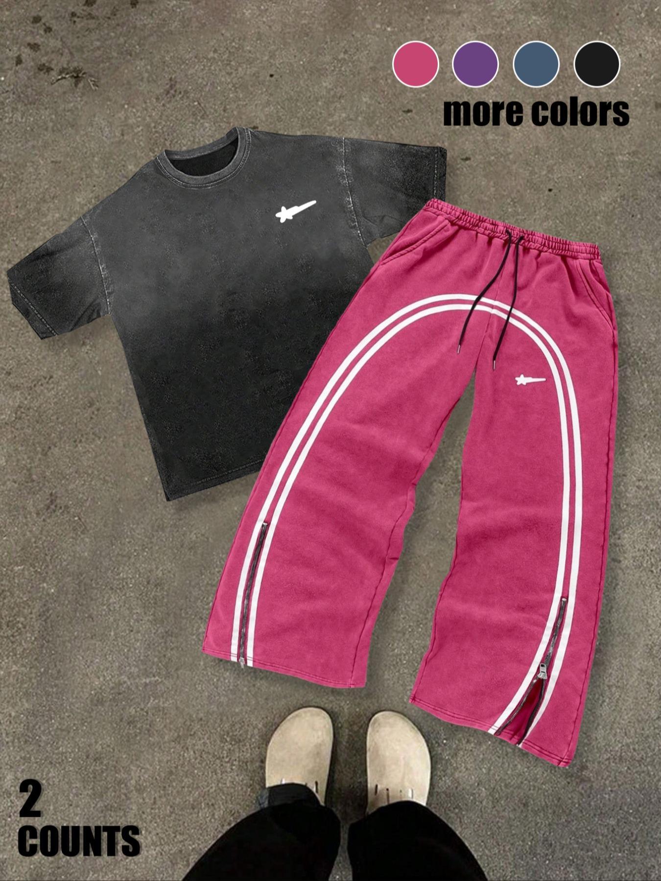 Men's Star & Striped Print Tee & Pants Set, Loose Fashion Round Neck Short Sleeve T-shirt & Trousers for Daily Outdoor Wear, Men's Clothing for Spring & Fall, Menswear