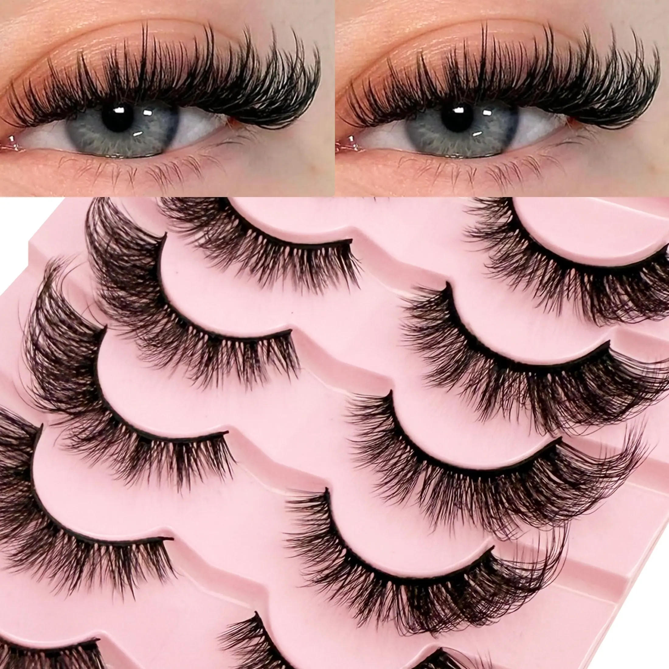 7 Pairs Russian Dense Classic Cat Eye False Lashes, Natural DD Curl Voluminous Synthetic Fiber, Natural Makeup Effect, Strip False Lashes