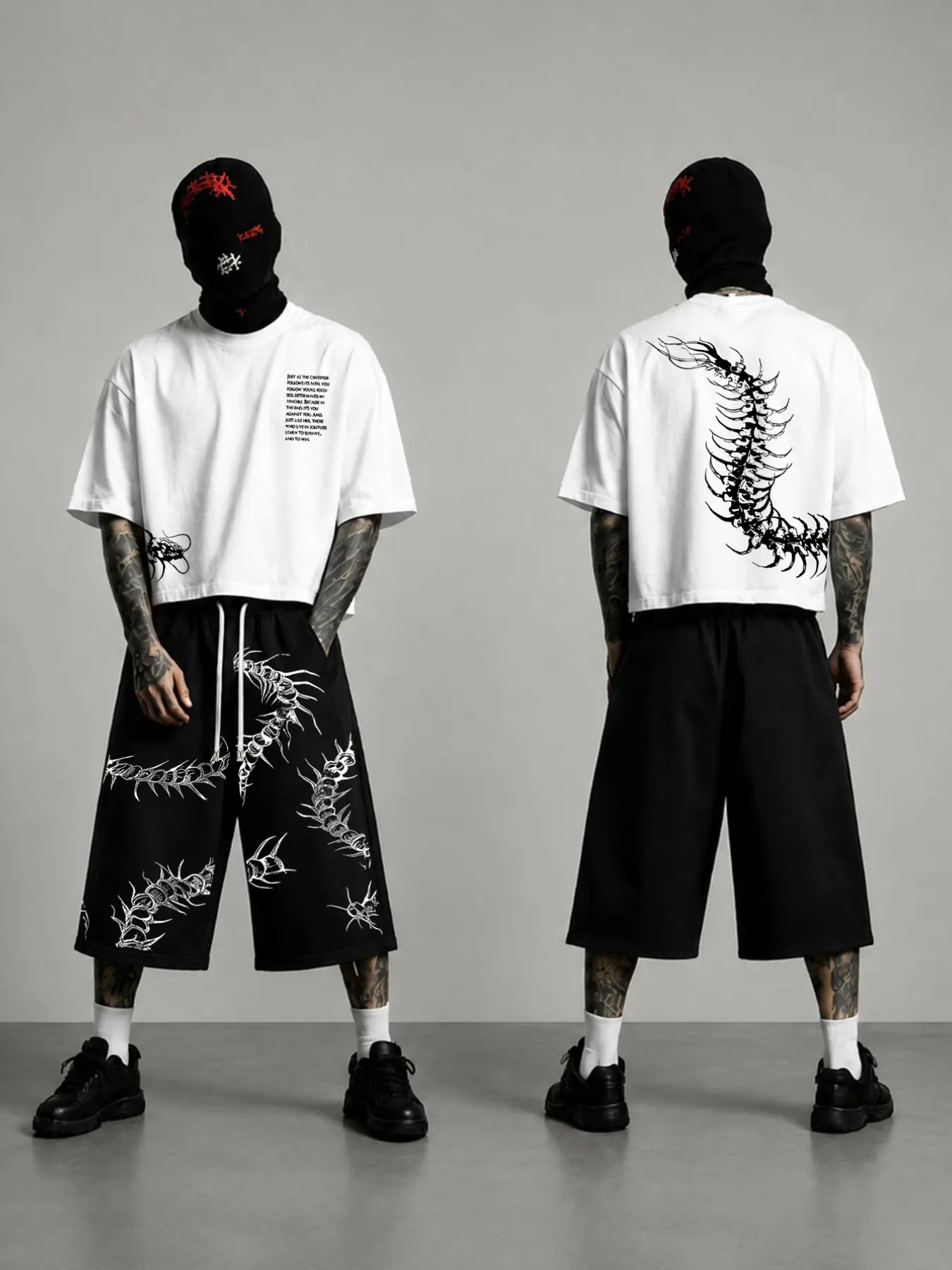 2 Pcs Men's Outfit Set Short Sleeve T-Shirt and Capri Pants Y2K Gothic Centipede Back Graphic Printed Drawstring Summer Tracksuit