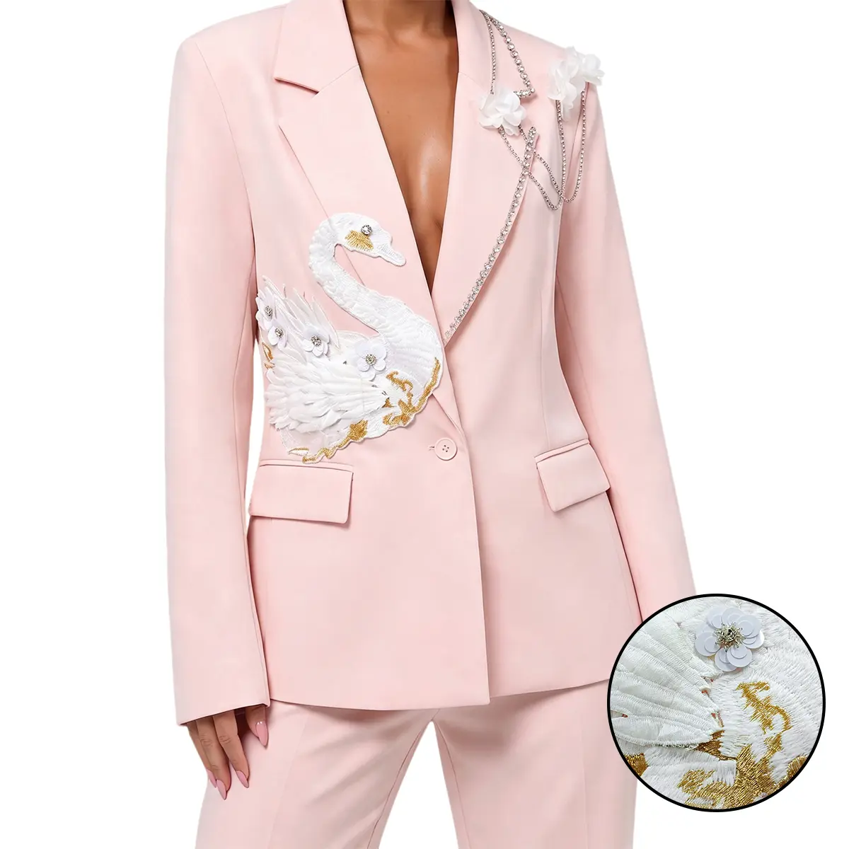 Women Pink Blazer Jacket 3D Flower Rhinestone Chain Swan Embroidery Appliques Long Sleeve One Button Luxury Dressy Casual Party Office Suit Coat