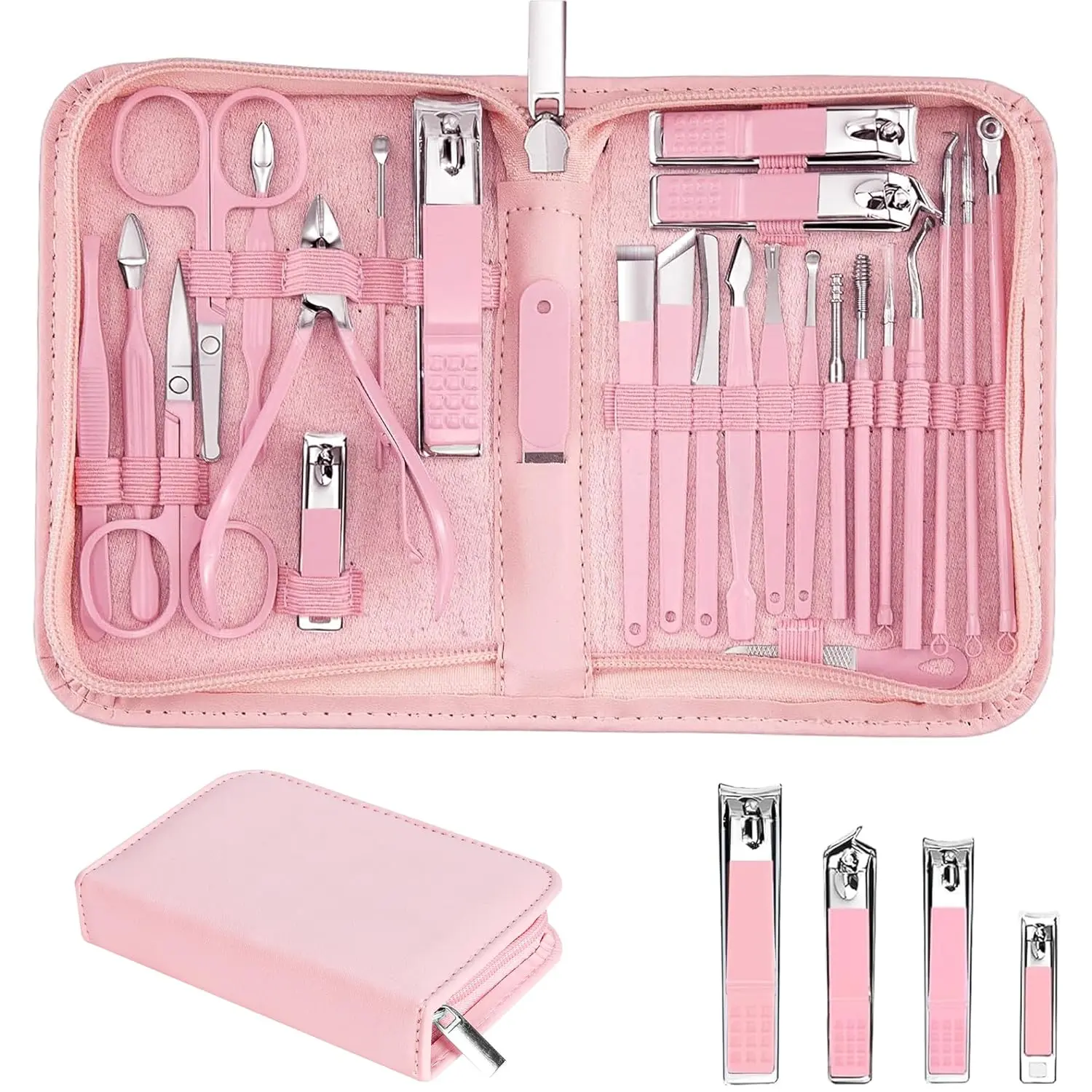 Nail Clippers Set, 26 Piece Manicure Set & Pedicure Kit, Stainless Steel Fingernail & Toenail Clipper Cutters, Professional Nail Care Tools with Luxurious Travel Case Men and Women, Pink