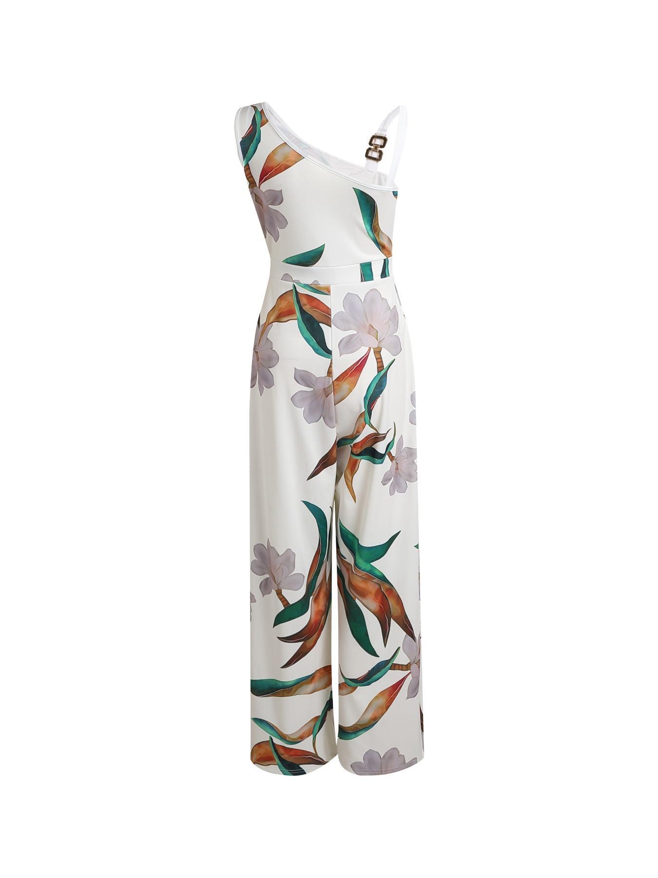 Women's Floral Print Ring-Linked Asymmetrical Neck Jumpsuit, Boho Casual High Waist Wide Leg Jumpsuit for Summer, Womenswear