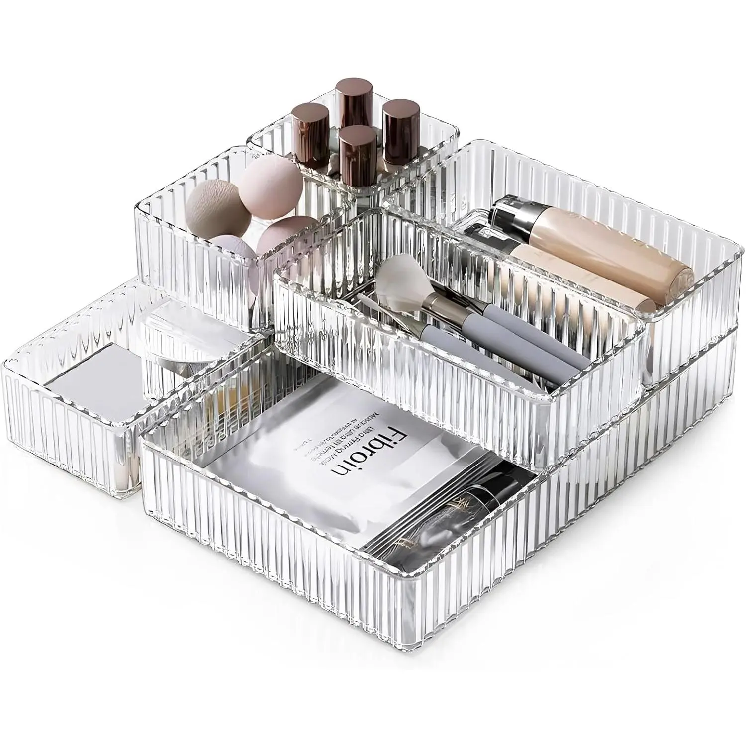 7 count Clear Drawer Organizers Bins, 4 Size Stackable Makeup Drawer Organizer | Non-Slip Base, Plastic Desk Plastic Drawer Storage Trays, Bathroom Storage for , Office , Kitchen Utensils