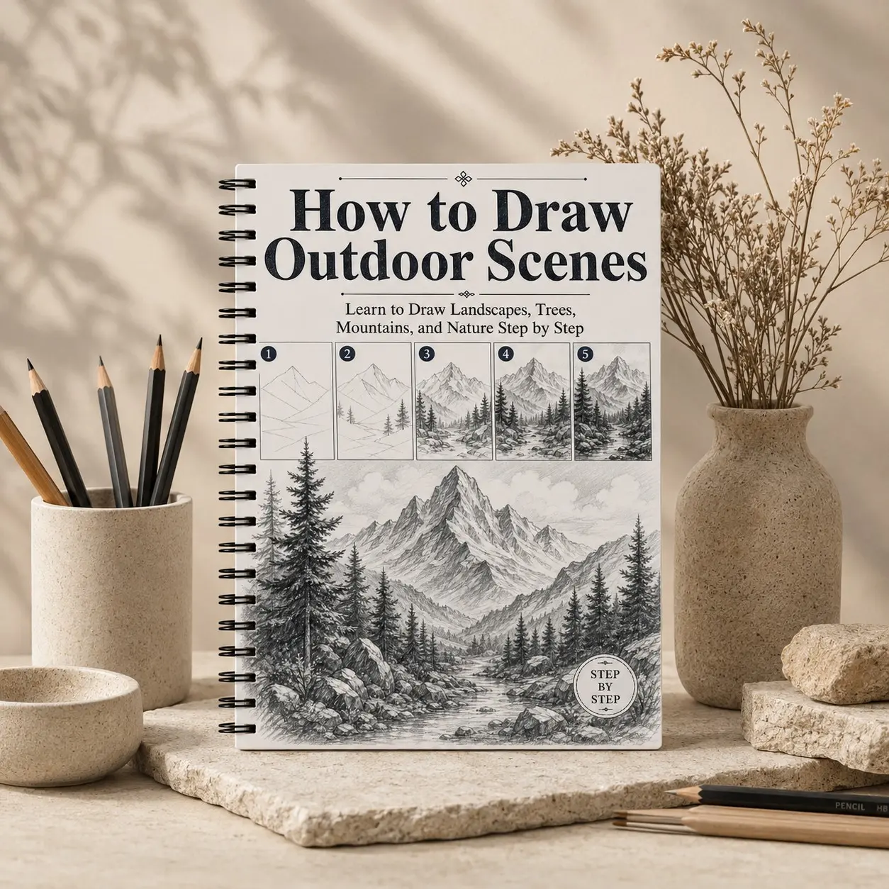Landscape Painting Beginner Guide, Step-By-Step Sketch Practice, Mountain Forest Lake Clouds, Ideal for Beginners Adults Teens Art Lovers Travel Sketching