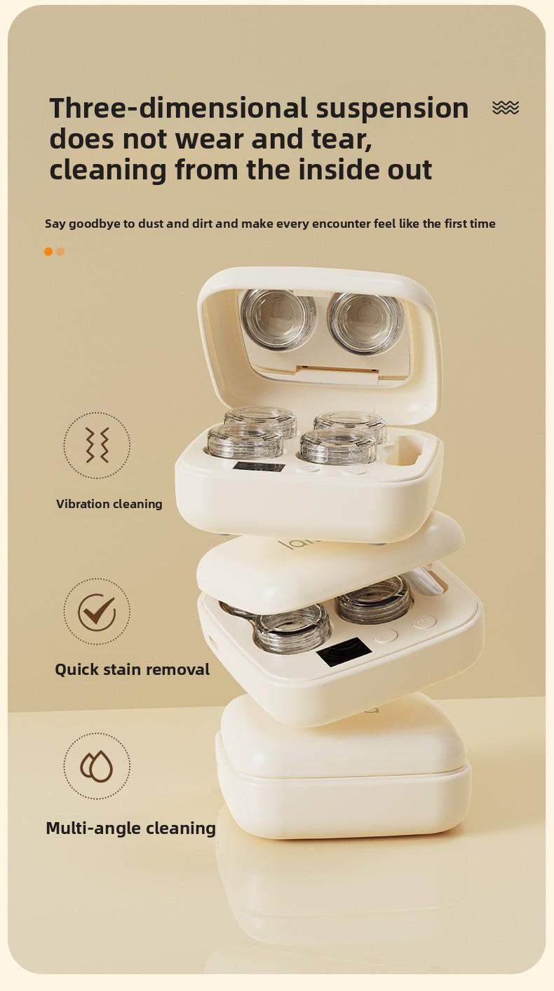 Ultrasonic Contact Lens Cleaner Rechargeable with Vanity Mirror - Portable Compact Case Hard & Soft Lens Compatible, 3 Deep Cleaning Modes, On-the-Go Daily Care Sanitizer for Travel Sports Office Home Use