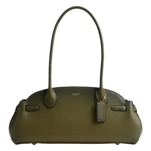 COACH Empire Carryall 34 Leather Bowling Bag – Women’s Crossbody Tote with Foil Logo, Olive Green