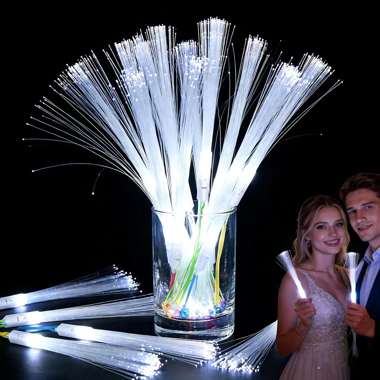 50 count White Fiber Optic Wands, Led Cold Sparklers Wedding Send Off Ideas, 3 Flashing Modes Wedding Glow Sticks for Reception, Light up Wands, Fiber Optic Lights for Party Favor