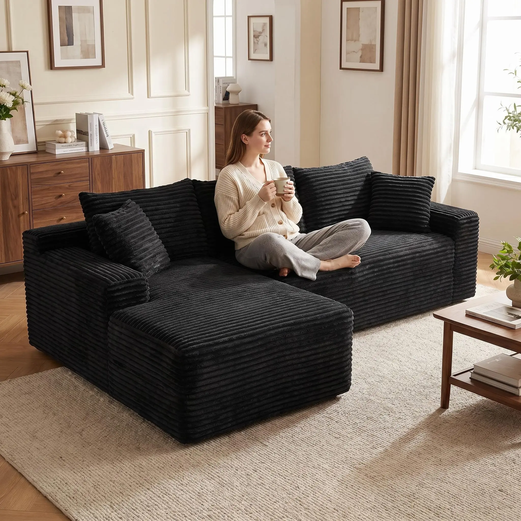 ARCH 94.5" Cloud Modular L-Shape Sectional Sofa Couch with Reversible Chaise, 4-Seat Deep Seat Corduroy Upholstered Couches for Living Room, Modern Minimalist No Assembly Required, Black, Black Color Options, Corduroy Material, 4 Seat Seat Count