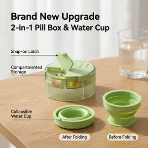Two-In-One Reusable Waterproof Medicine Box & Folding Stretch Silicone Water Cup, 4-Compartment Pill Organizer with Pill Storage, Portable Medicine Organizer for Travel and Business Trips-YY1