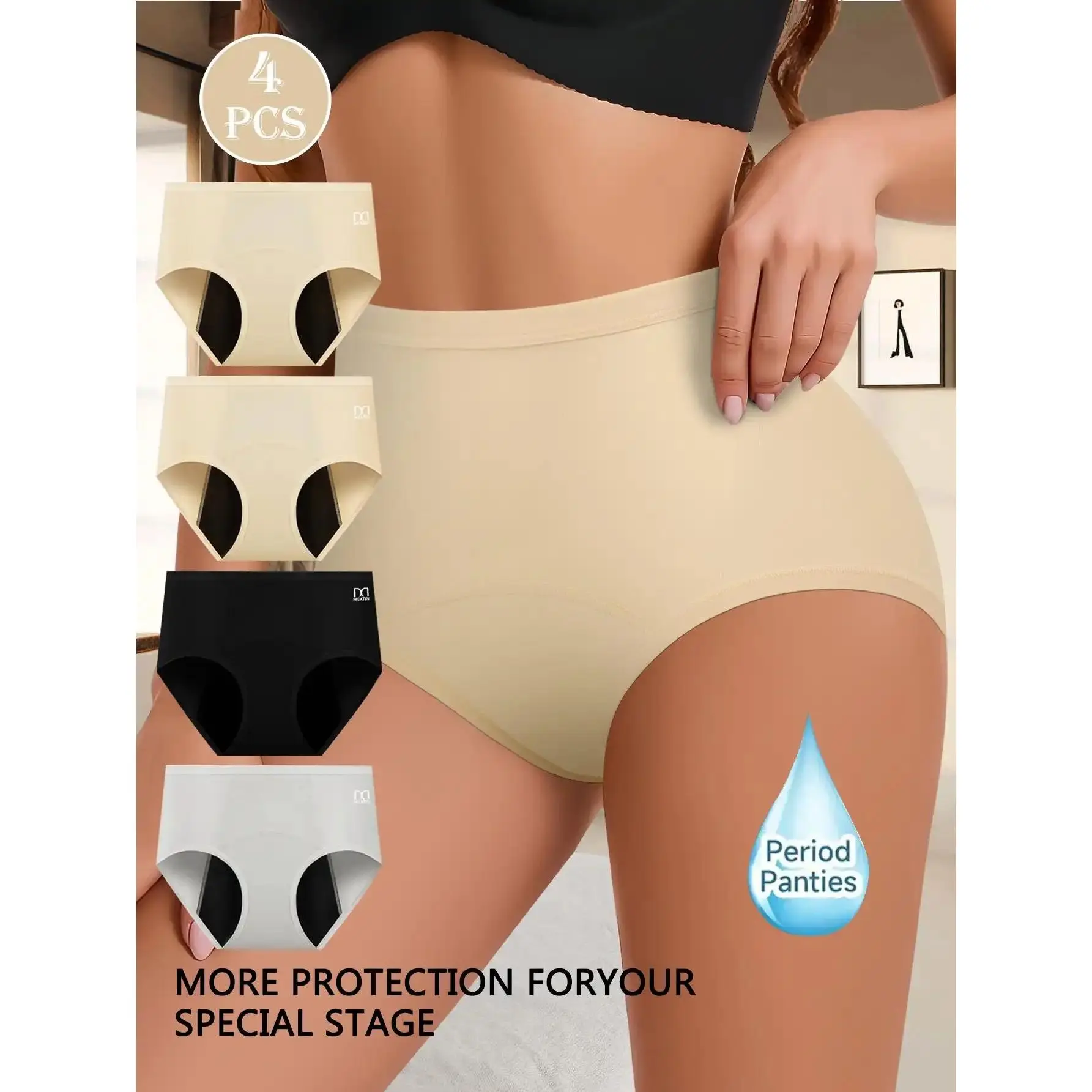 QUASTI Women's 4PCS Gusseted Leak-Proof Period Underwear, High-Waist Shaping Fit, 4-Layer High-Absorbency Reusable Polyester Blend, Skin-Friendly Intimates (S-XXL, 3 Mix Color) Compatible with Pads Tampons Menstrual Cups