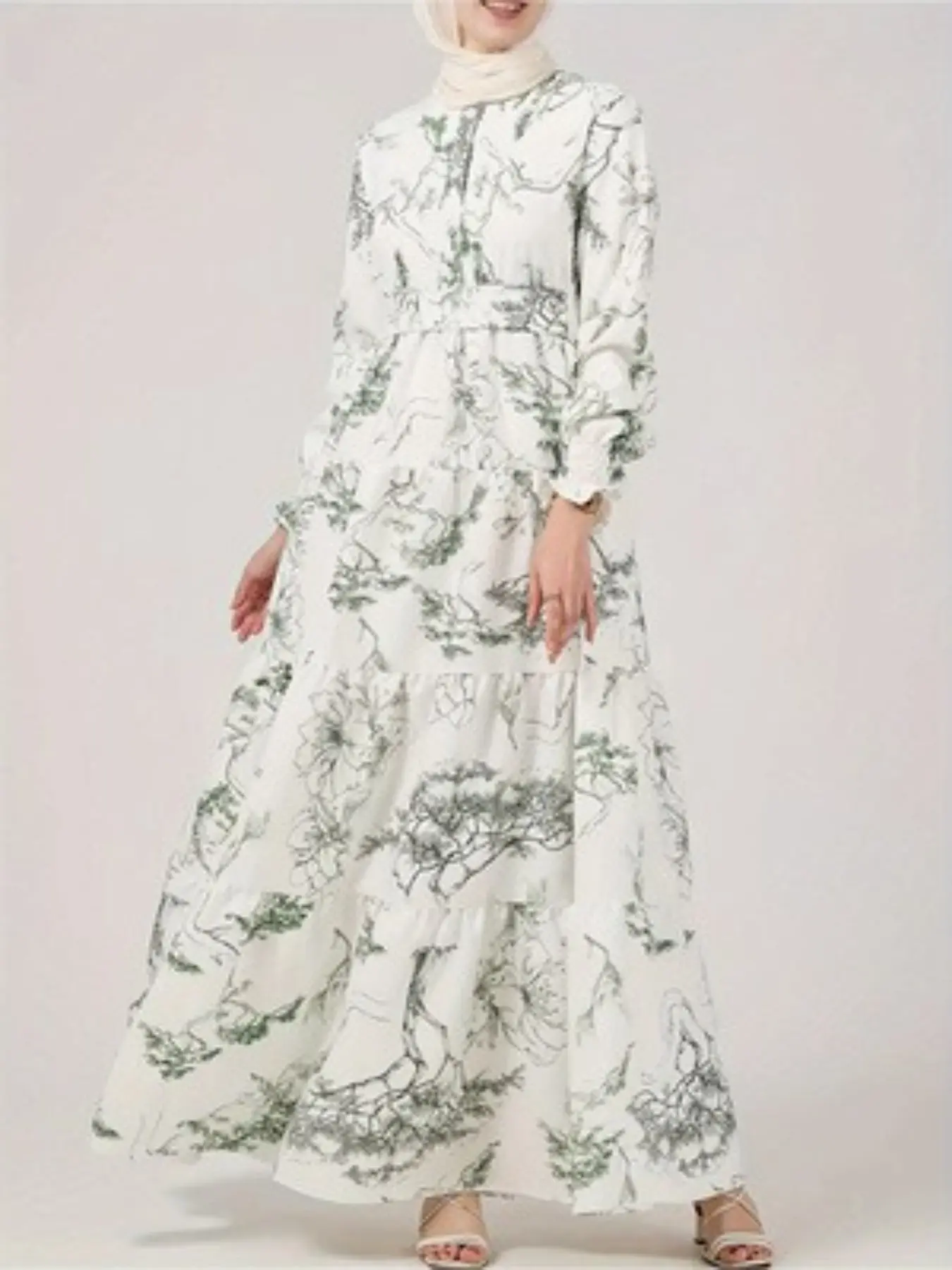 Vintage Chinese Landscape Print Maxi Dress, Loose-Fit Modest Bohemian Style, High Neck, Adjustable Waist, Flowy Hem, All Seasons
