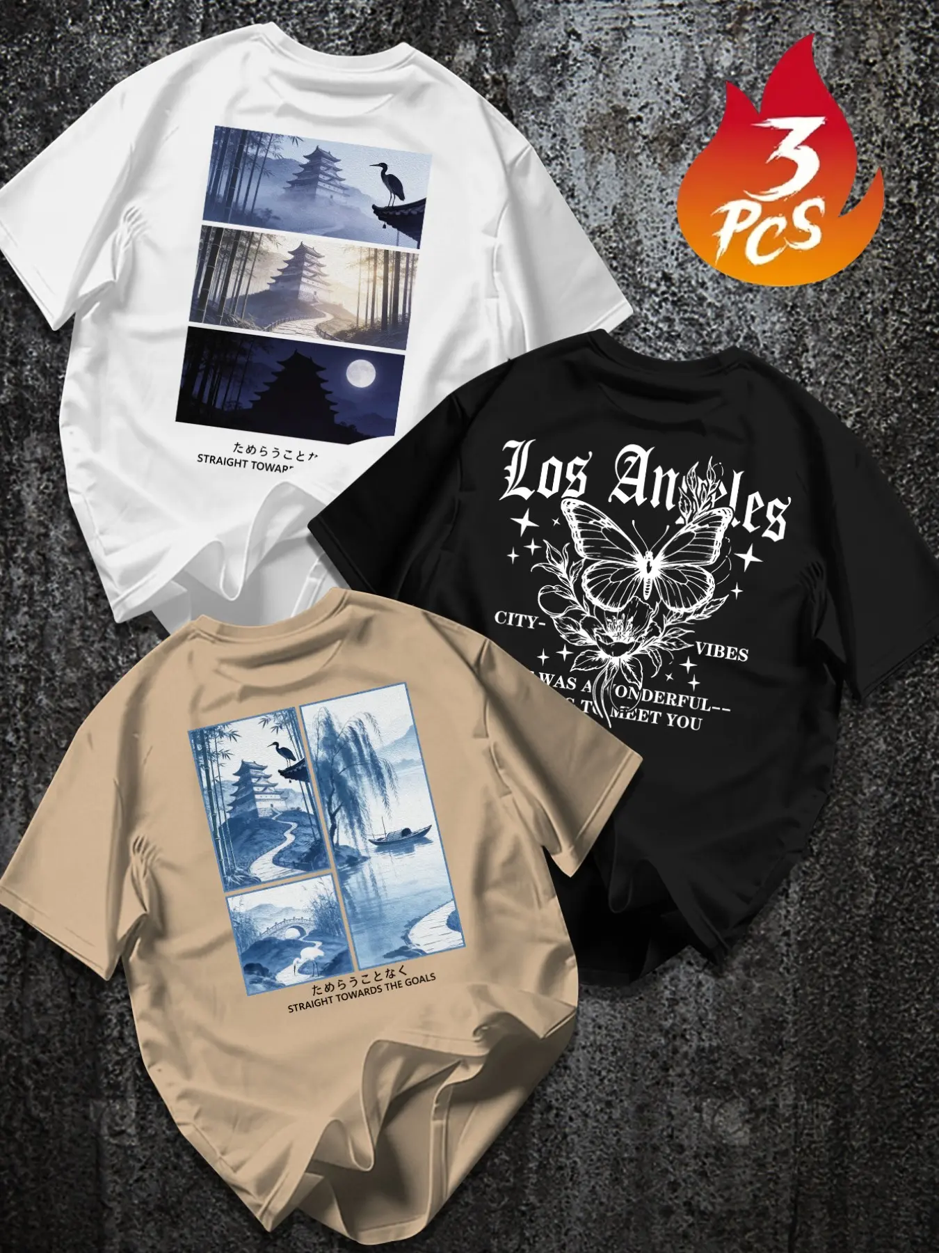 3-Pack Men's T-Shirts, Butterfly/watercolor Print, American Streetwear Style, Loose Fit, Round Neck, Short Sleeve, Casual Daily Wear