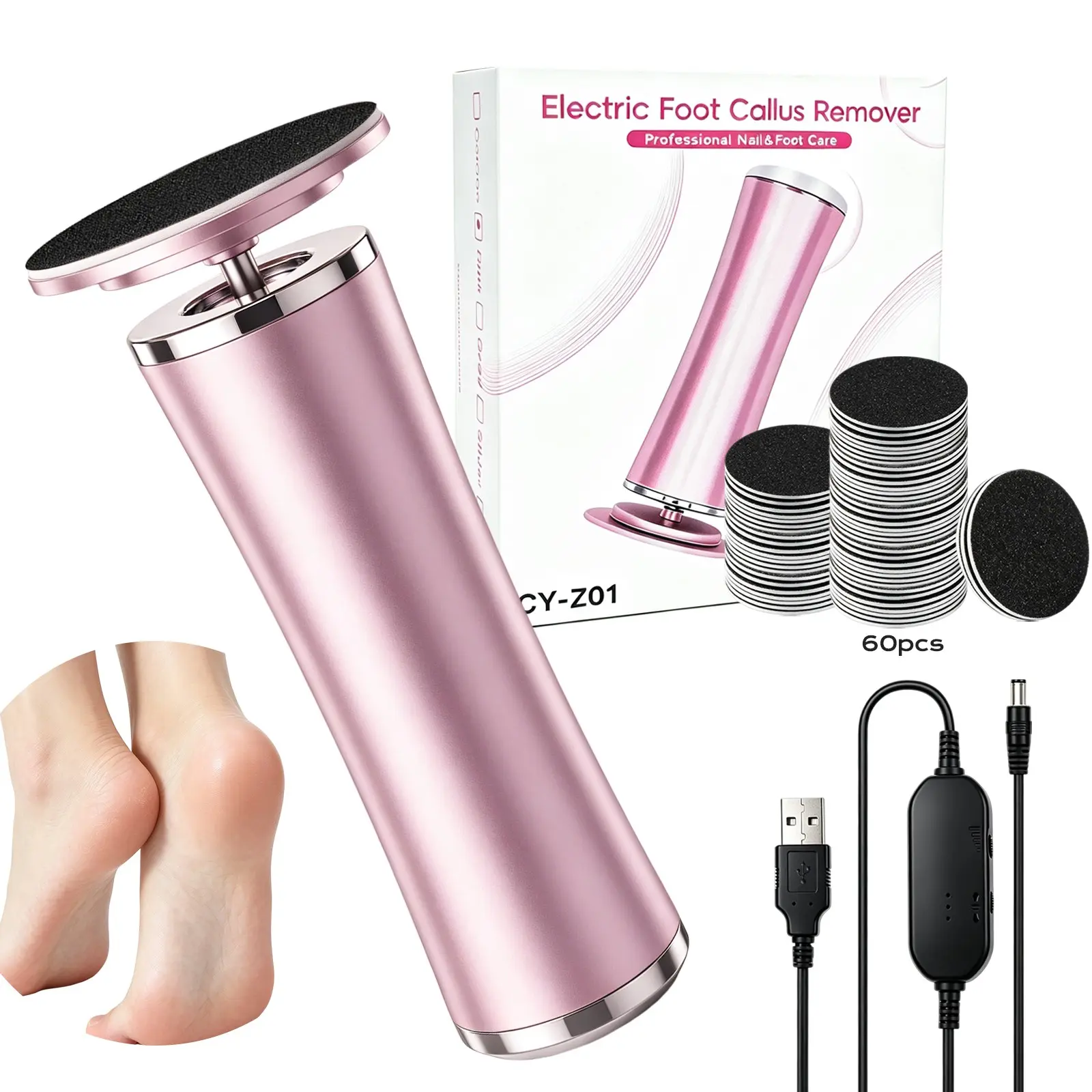 Portable Compact Electric Foot File,Rechargeable Pedicure Tool,USB Rechargeable Aluminium Callus Remover Tool With 60pcs Replacement Sandpaper,Foot Care Product,Nail Care For Home & Travel,Gift for Women