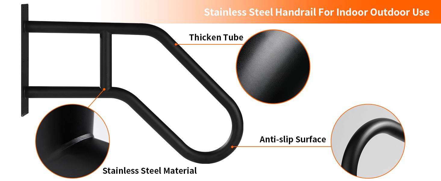 Hand Rails for Steps: U-Shape Black Handrails for 1-3 Steps Wall Hand Railing 1.3" Pipe Grab Bars Stainless Safety Handle for Porch