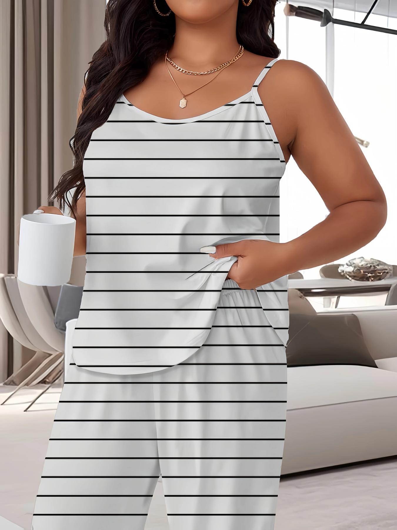 [Plus Size] Striped Print Cami Top & Pants Pyjama Two-piece Set, Casual Comfy Loungewear Set for Women, Women's Sleepwear for All Seasons, Homewear, Sleepwear Pajamas Set