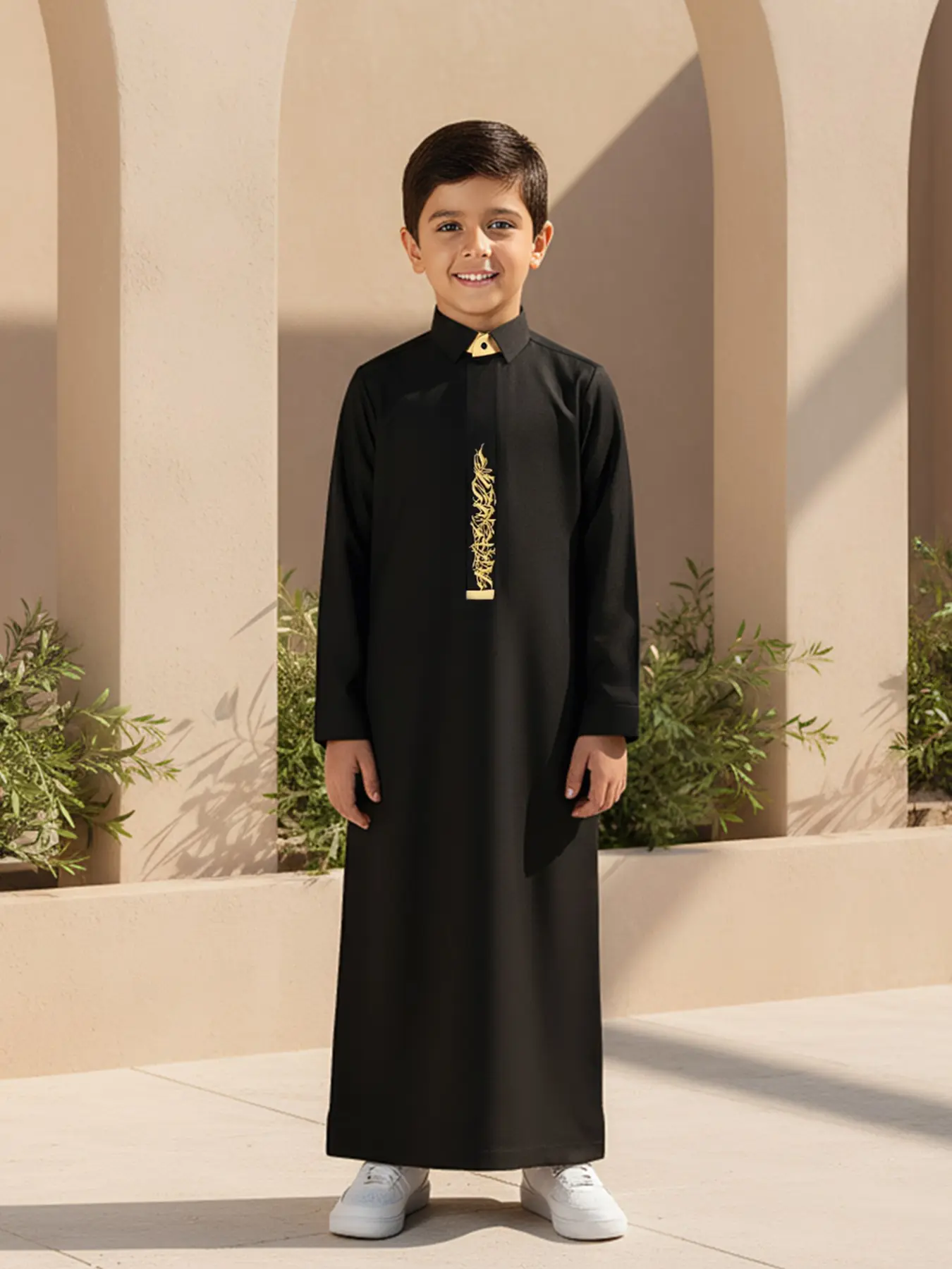 Arabian Boy Colorblock Collared Shirt Thobe, For Muslim, Elegant Embroidery Dual Side Pockets, Perfect for Boys Aged 8-12 Years