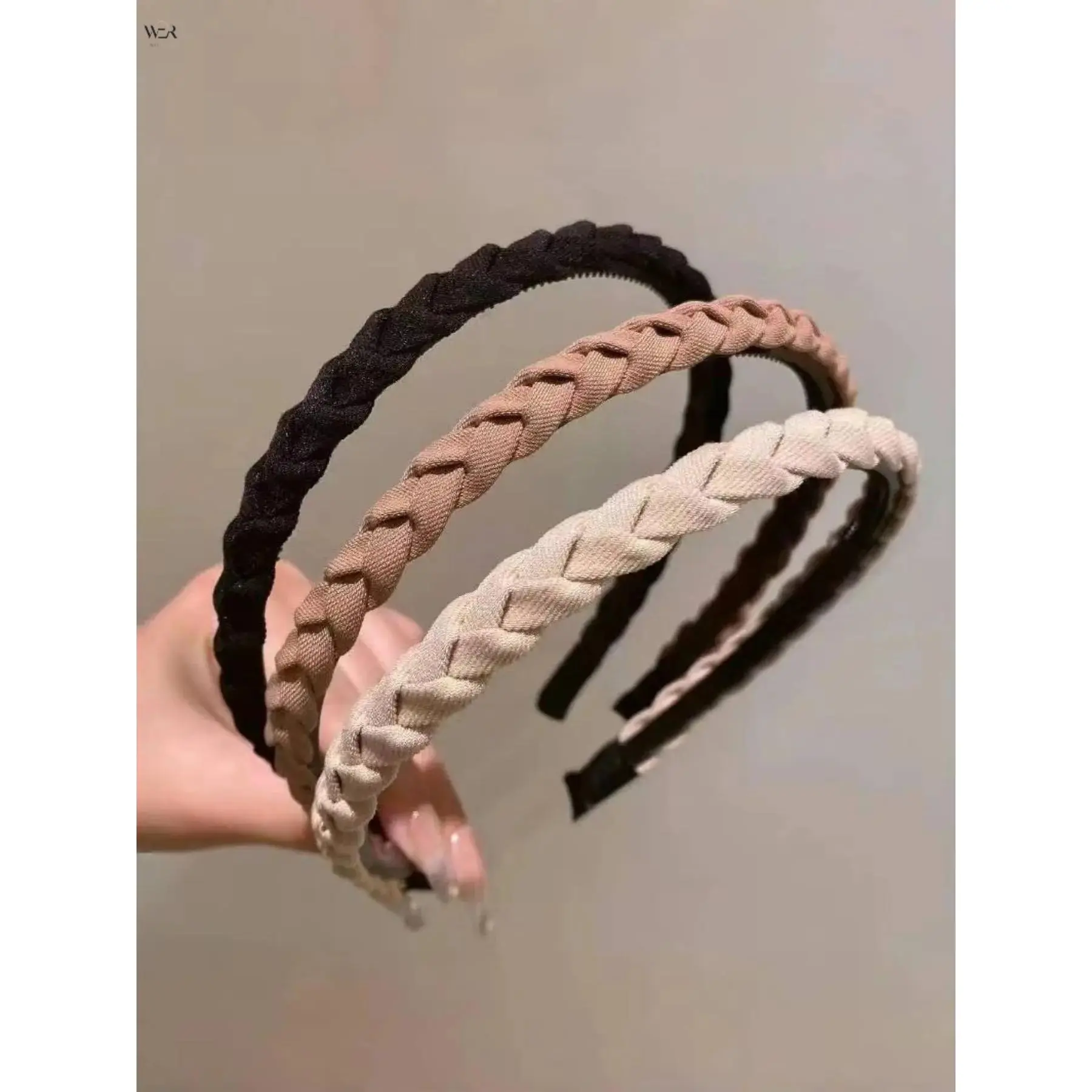 3 Colors Braided Fabric Thin Headband, Textured Woven Hair Hoop with Inner Anti-Slip Teeth, 13cm Lightweight Daily Hairband in Black/Khaki/Off White for Bangs Fixing