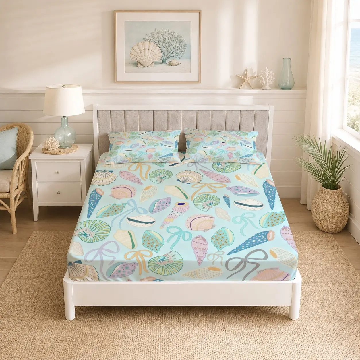 Macaron Shell Bow Fitted Sheet 3 Piece Set (1 Fitted Sheet + 2 Pillowcases, No Pillow Inserts), Deep Pocket Skin-friendly Bedding, for Apartments, Girls Dorms and Coastal Room Decor, Great as Holiday Gifts