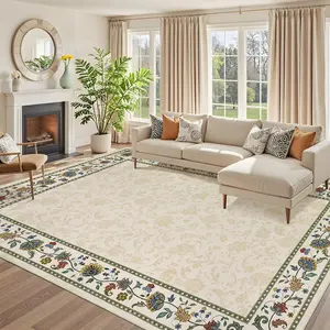 Vintage Floral Washable Area Rug - Large Soft Vintage Carpet for Living Room, Bedroom, Dining Room