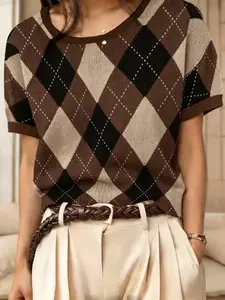 Women's Summer, British Argyle Print Short Sleeve Pullover Knitwear, Vintage Commute Top, Casual Versatile Vacation Style