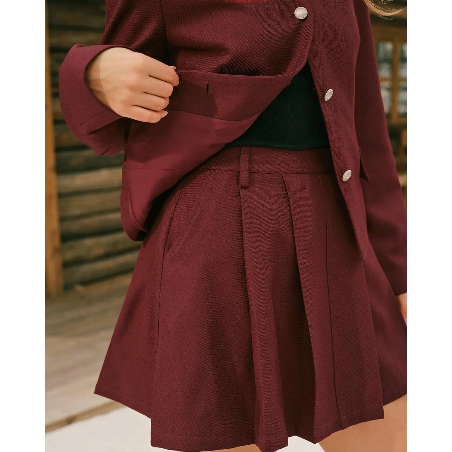 Wine Red Pleated A-Line Mini Skirt