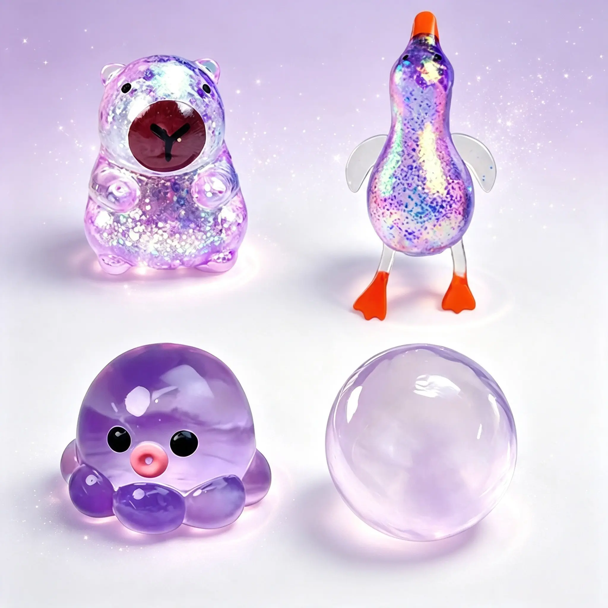 4Pcs Purple Squishy Fidget Toy Set, Cute Slow Rise Duck, Capybara, Coconut Oil Ball & Octopus Squishies, Stress Relief Sensory Toys for Kids and Adults, Ideal for Party Favors, Classroom Rewards and Gift Giving