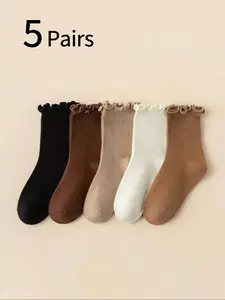 5 Pairs Solid Color Ear Hole Lace Mid-Calf Socks for Girls, Sweet and Cute Princess Socks, Fashionable and Comfortable Footwear