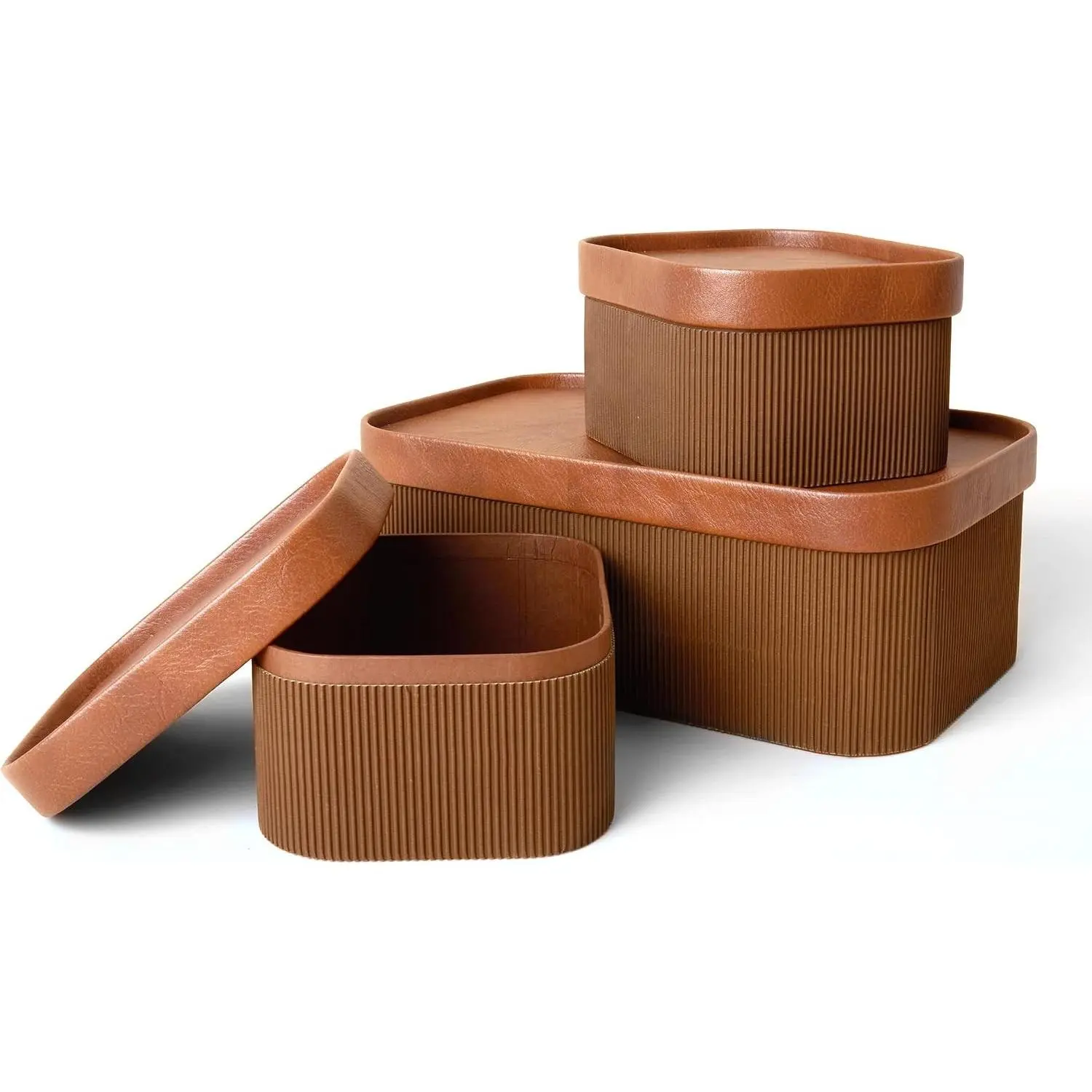 Fluted Cardboard Storage Baskets with Leather-Like Lids, Sturdy Stackable Paper Boxes Decorative Tray, Chocolate Brown, Set of 3