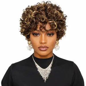 100% Human Hair Short Curly Wig, 6 Inch 98g Brown Wig with Golden Highlights, Soft Full Volume Curly Bob Wig for Women