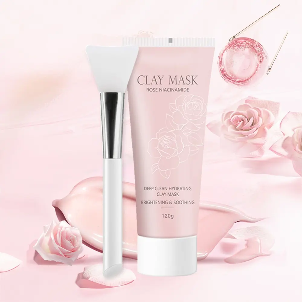 Rose Niacinamide Deep Clean Clay Face Mask With Brush - Deep Cleansing, Pores Minimizers, Moisturizing, Hydrating & Smooth Skin, Clean Skincare, For Normal & Combination Skin