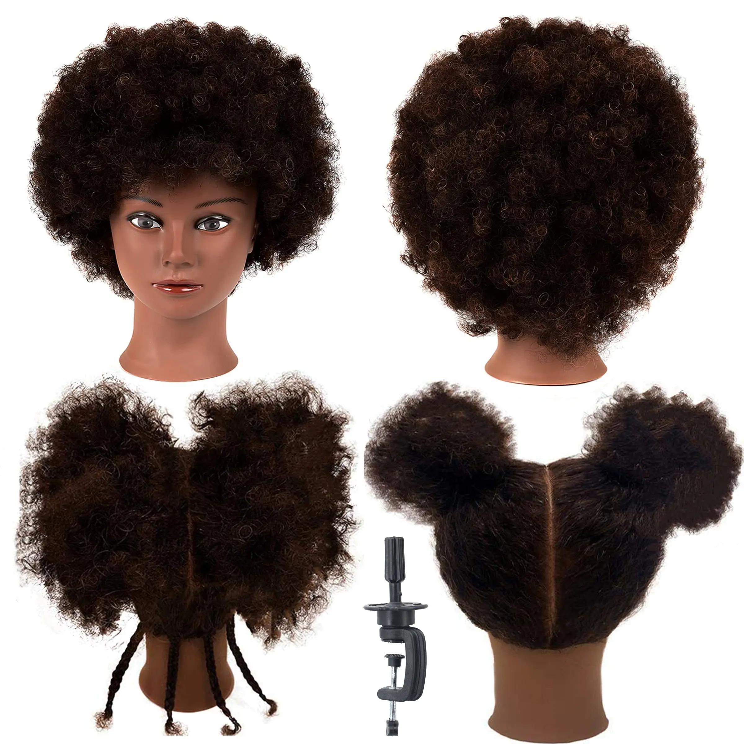 Training head 100% Real Hair Mannequin Head Training Head Cosmetology Doll Head Manikin Practice Head Hairdresser with Free Clamp Holder Female (10 inches afro hair )
