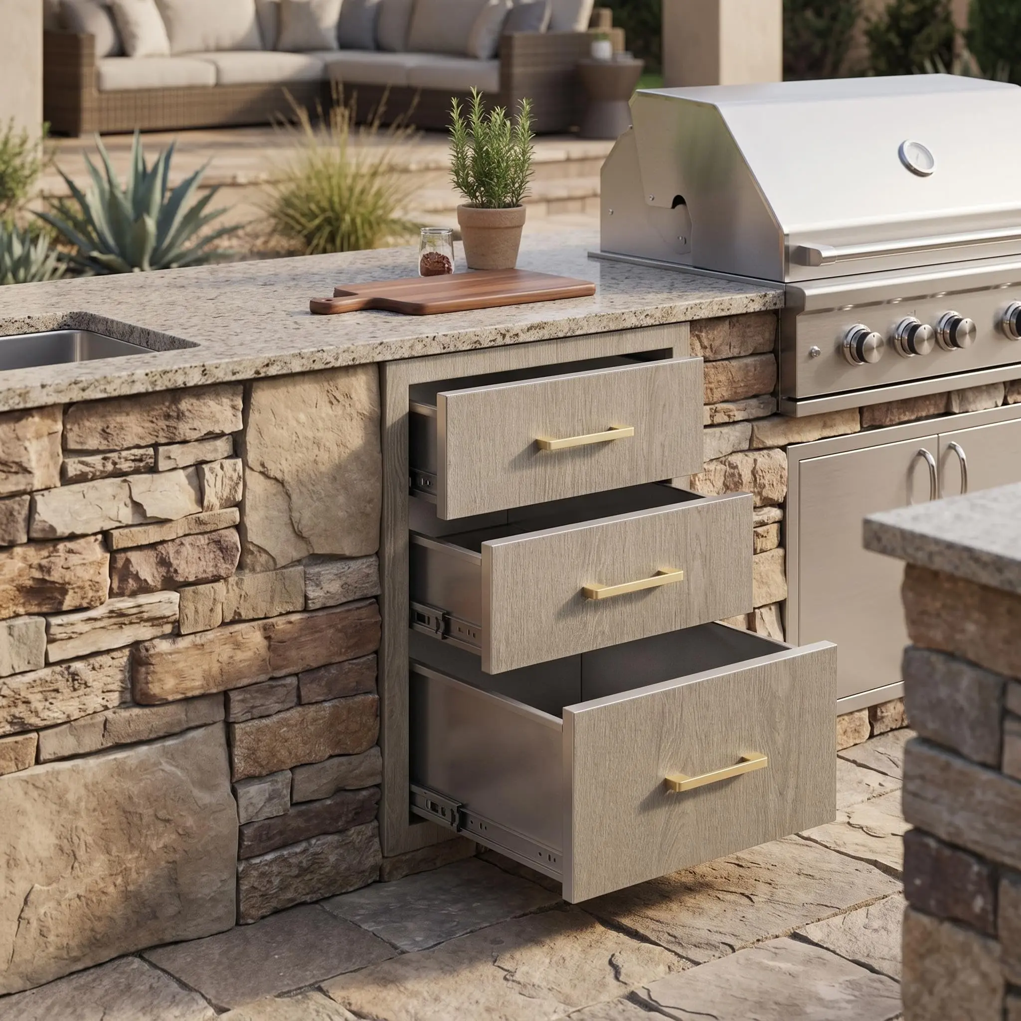 GARVEE Standard Size Stainless Steel Outdoor Kitchen Triple Drawers (18"W x 23"D x 23"H) - Heavy-Duty with Handles, Weather-Resistant Flush Mount for BBQ Island, Outdoor Cooking Station