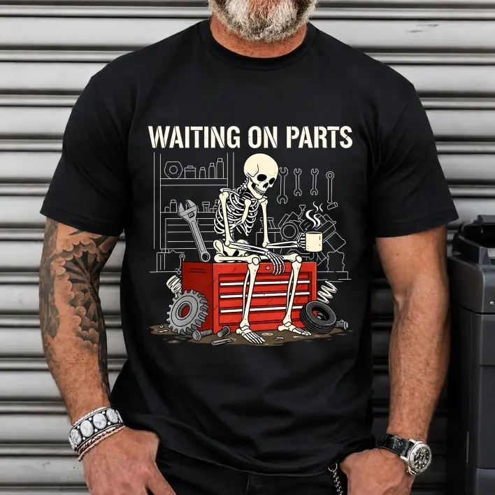 Streetwear Skeleton Mechanic Graphic Tshirt, Unisex Relaxed Fit Short Sleeve Cotton Top for Casual Daily Wear, Shortsleeve, Retro, Outfits, Loose