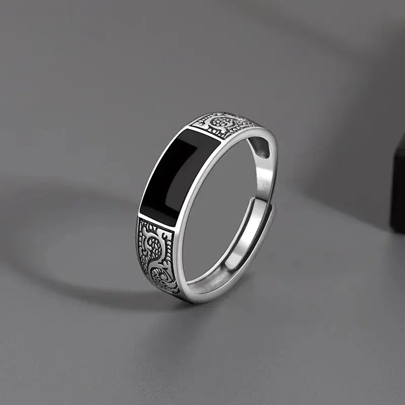 Minimalist retro silver men's personalized adjustable opening ring, fashionable and simple black men's wedding ring, jewelry gift for him