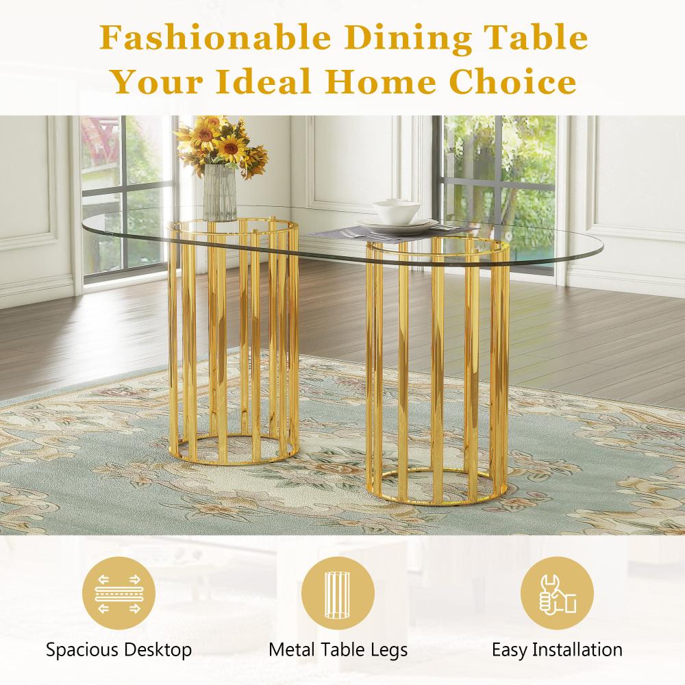 71 inch oval tempered glass dining table,black double column light luxury style,tempered glass scratch resistant and easy to clean.Suitable for 6-8 people dining, modern light luxury restaurant table.